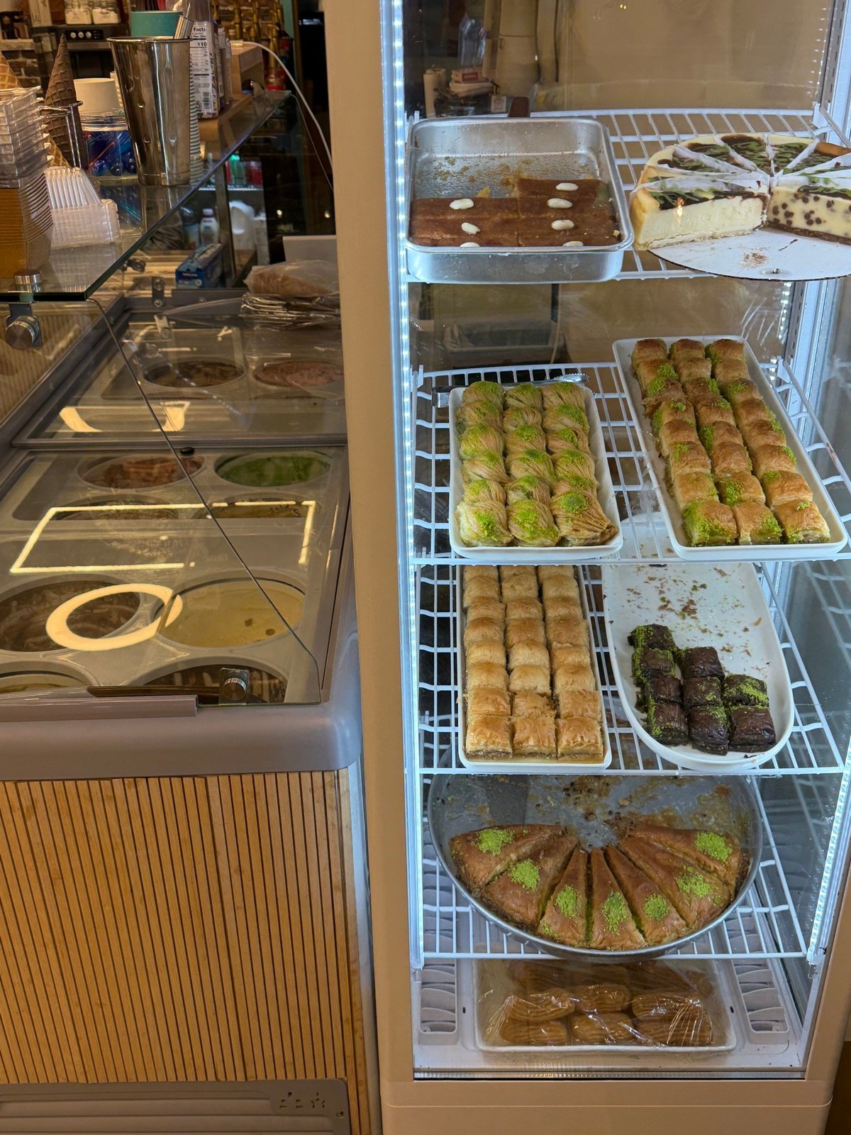 Fresh pistachio baklava in the Seven Hills pastry display