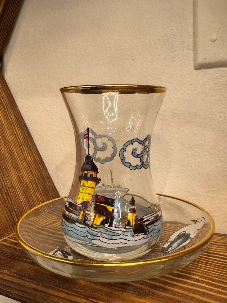 Turkish tea glass with an Istanbul skyline illustration