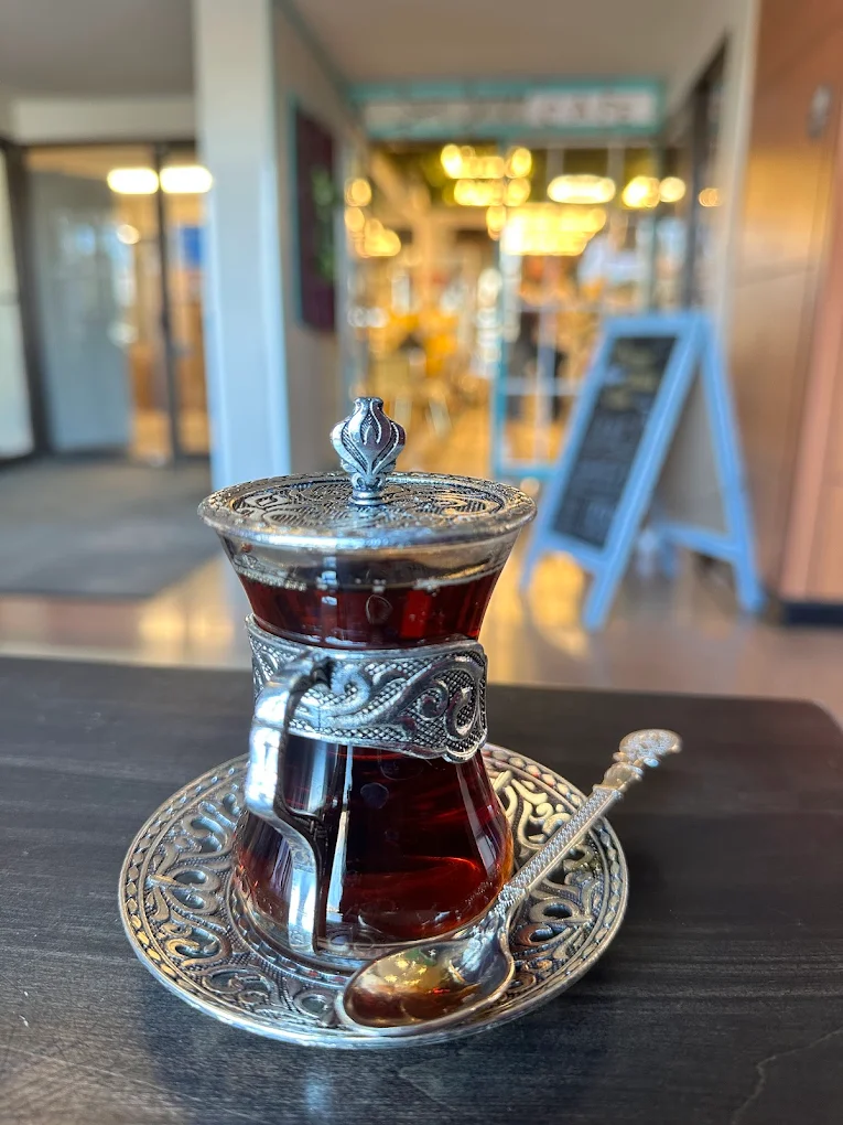 Turkish tea near the Seven Hills Istanbul Cafe storefront